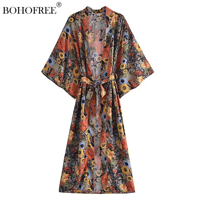 

Boho Vintage Floral Print Sashes Kimono Dress Women Bohemian V Neck Batwing Sleeves Rayon Cotton Bikini Cover-up Robe