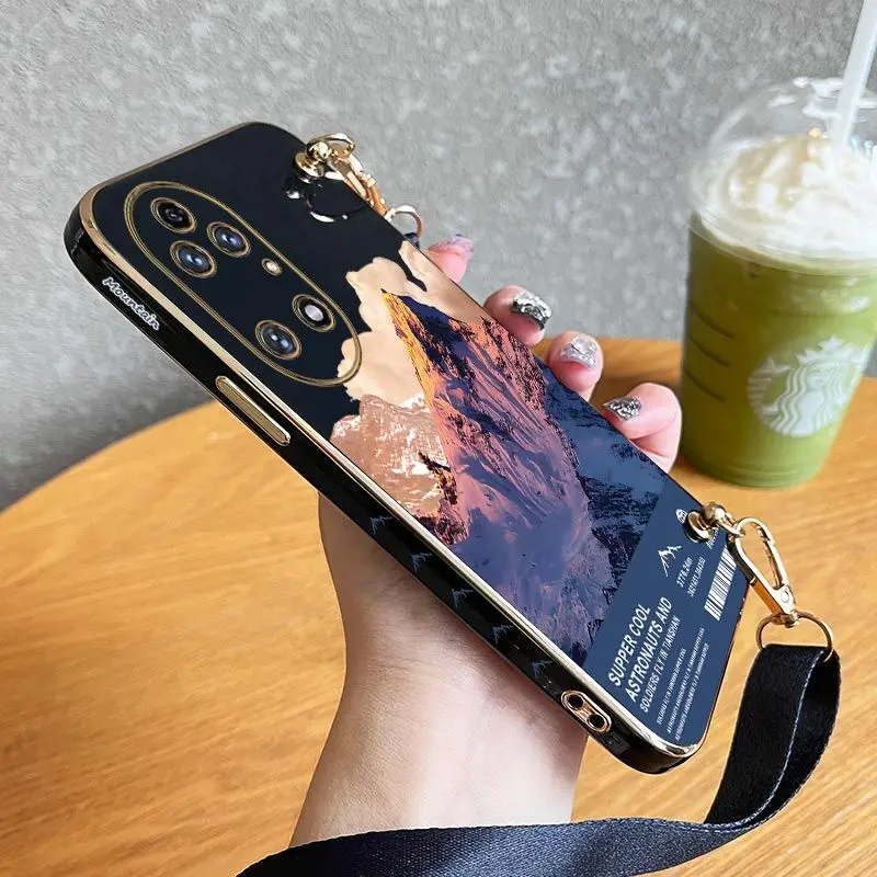 

Mountaintop View Lanyard Plating Phone Case For Huawei P40 P30 P40 P50 Lite P20 Pro Nova 10SE 9SE Mate 50 40 30 Pro Cover
