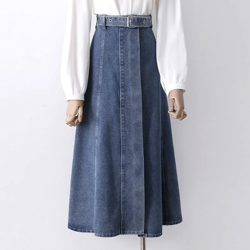 

2022 Spring Autumn New Arrival Long Jeans Skirts Large Pendulum Loose Elegant Denim Skirt for Women with Sash Faldas Mujer E452