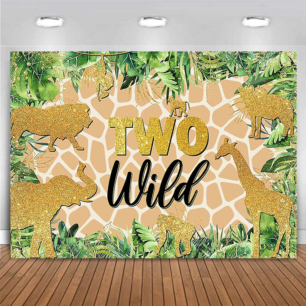 

Two Wild Backdrop for Safari Theme 2nd Birthday Photography Background Glitter Gold and Leaves Tropical Jungle Zoo Safari Animal