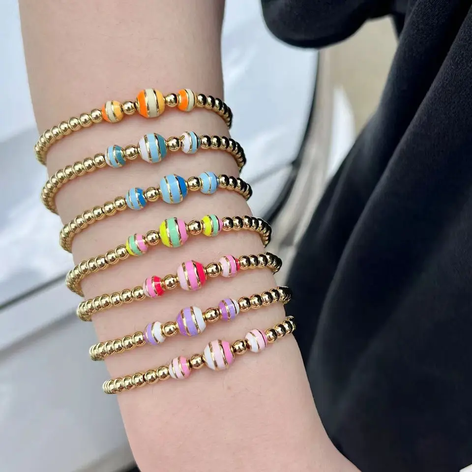 

5Pcs Candy color Enamel Beads with gold beaded Bracelet charm Handmade Rope Adjustable multi color bracelet girls women jewelry