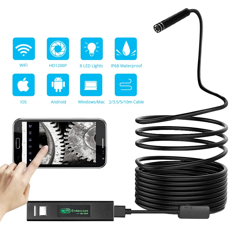 

1200P WiFi Endoscope Camera Waterproof Inspection Snake 8mm Mini Camera USB Borescope for Car for Iphone & Android Smartphone