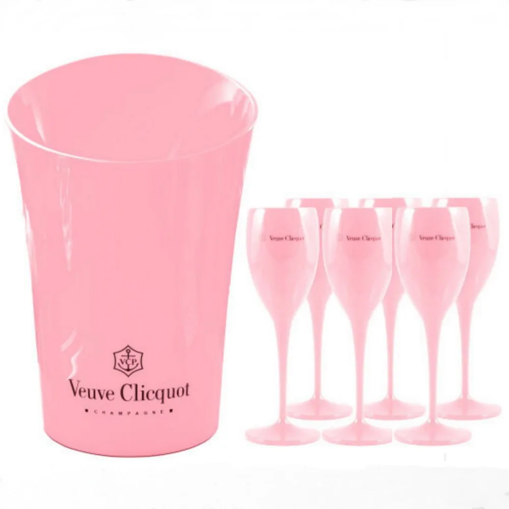 

6PCS Pink Veuve Flutes and 1 Bucket Wine Party Champagne Coupes Glass Flutes Goblet Plastic