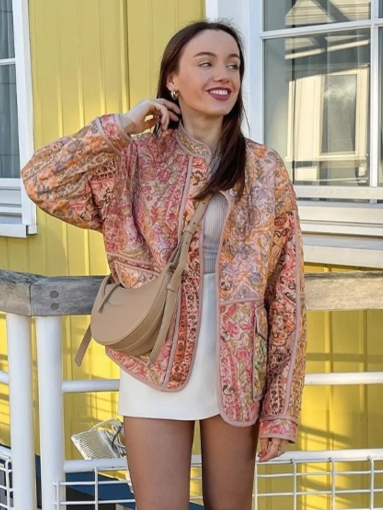 

Vintage Flower Print Women's Cotton Coat Loose Long Sleeve With Pocket Jacket 2023 Autumn Casual Female Warm Outerwear