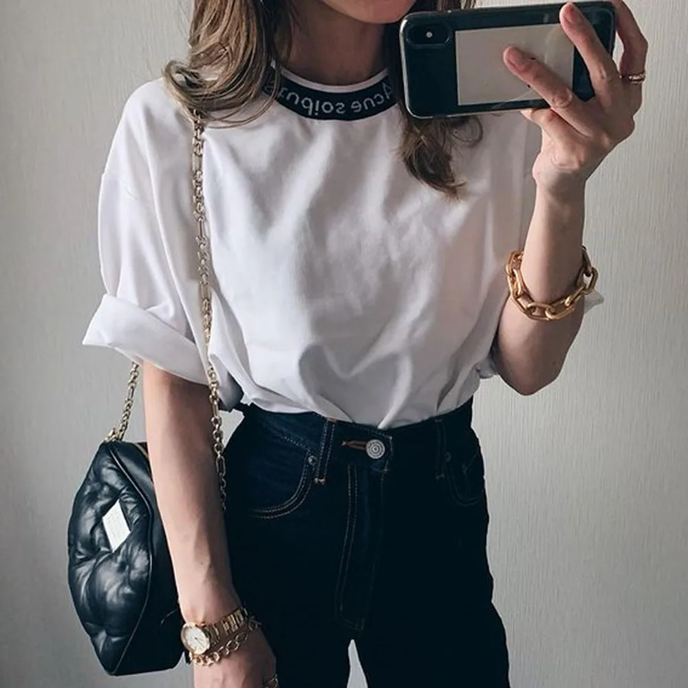 

T-shirt Letter Print Solid Color Round Neck Korean Casual Tops Women Harajuku Fashion White T-shirts Loose Summer Short Tee
