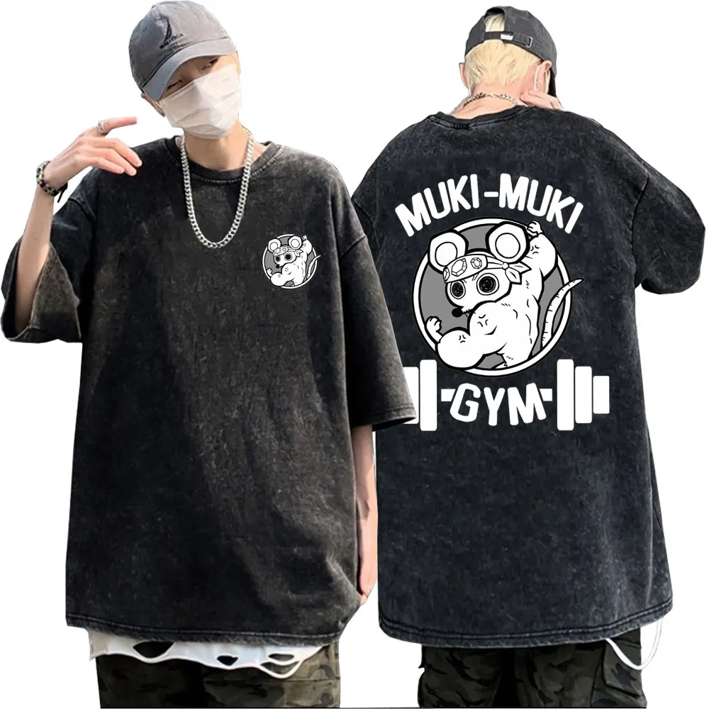 

Anime Muscular Mouse T Shirts Wash Vintage Black Funny Ninja Mice Muki Muki Gym T Shirt Demon Slayer Uzui Tengen Print T-shirt