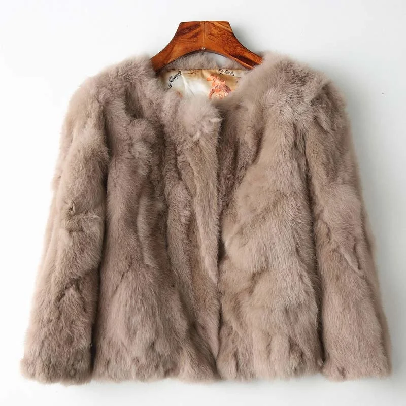 Full Fur Coat Women Design Rabbit Fur Coat Natural Full Fur Coat O Neck Fashion Slim Thin Rabbit Fur Coat