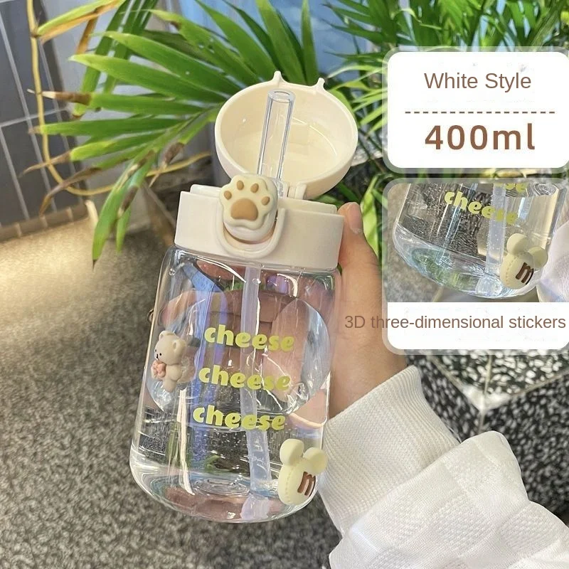 

400 ML Sports Water Bottle Belly Water Cup Student Transparent Letter With Mini Water Bottle Straw Handy Cup