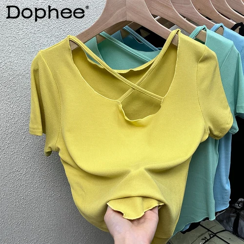 

2022 Sweet T-Shirt Girl Sexy Irregular Off Clavicle Top Short Sleeve T-shirt Female Summer Ins Fashion Tees Casual All-Match T