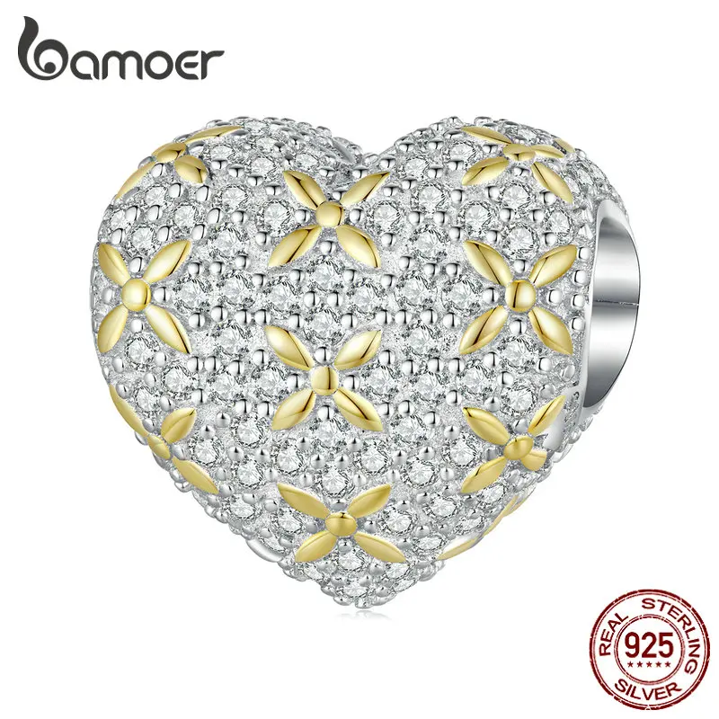 

Bamoer 925 Sterling Silver Heart Shape Bead Four-leaf Clover Charms Gold Plated Zircon Fine Jewelry for Women Bracelet BSC743