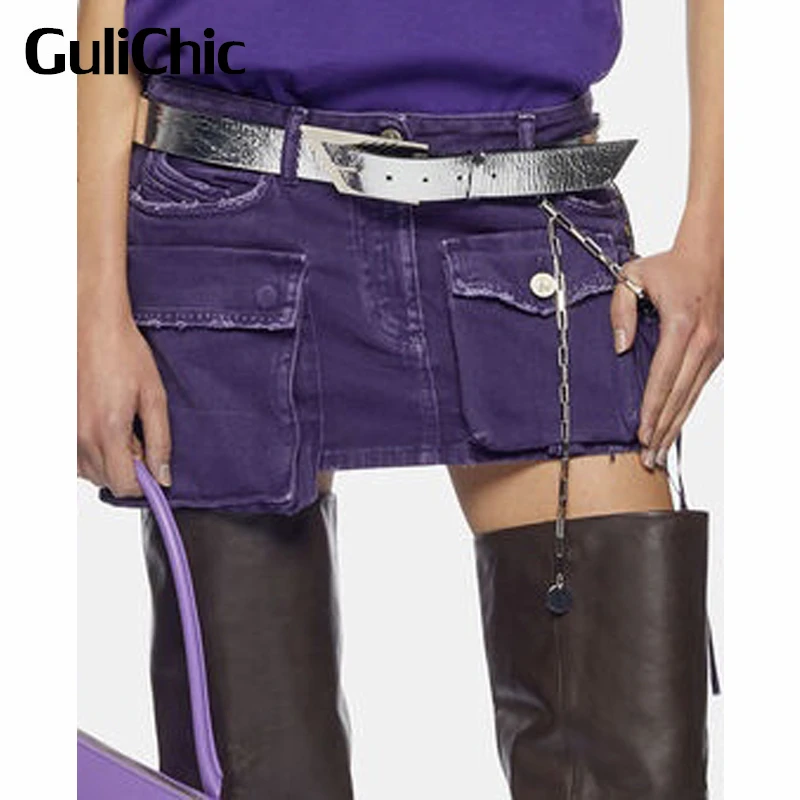 

6.29 GuliChic Women Vintage Button Pocket Embroidery Decoration Package Hip Cargo Short Denim Skirt Without Belt