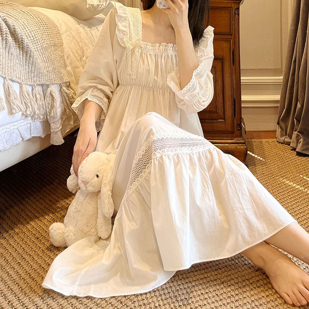 2022 New Women Sweet Princess Nightdress Retro Pure Cotton Nightgown For Spring Autumn Long Sleeve Loose Soft Lounge