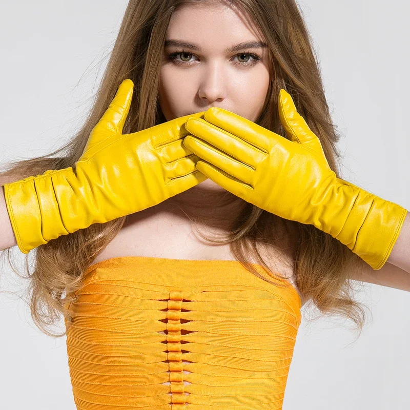 GOURS зимние перчатки из натуральной кожи женские желтые длинные козьей на