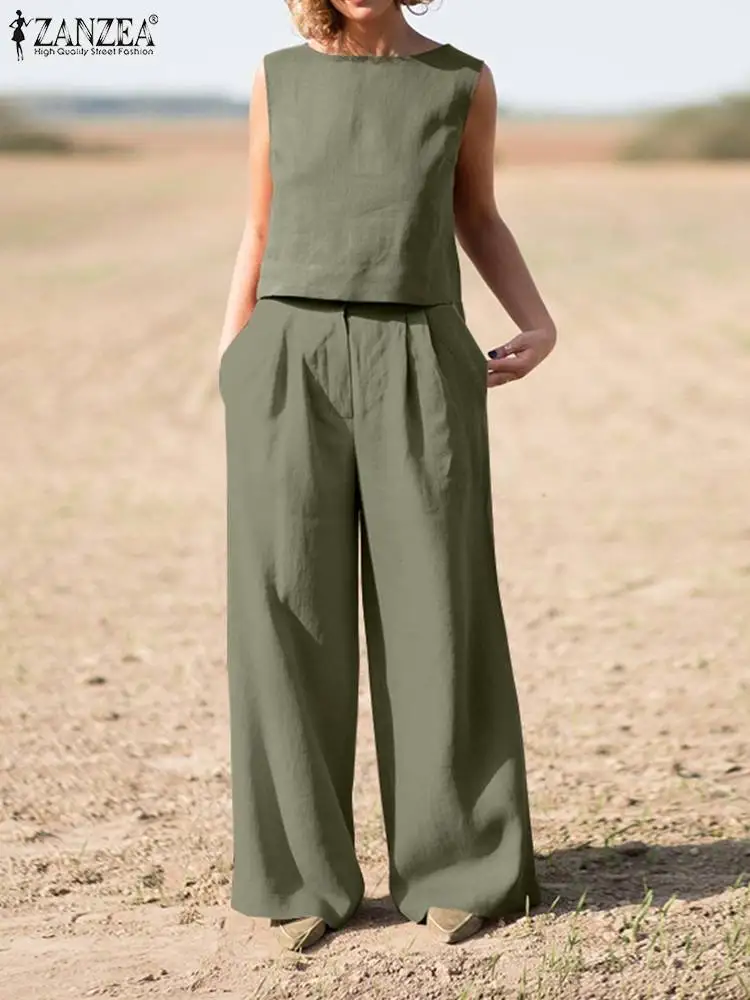 

ZANZEA Sleeveless Cotton O-Neck Baggy Blouse Women Summer Matching Set Bohemian Fashion Wide Leg Pant Oversized Casual Suits