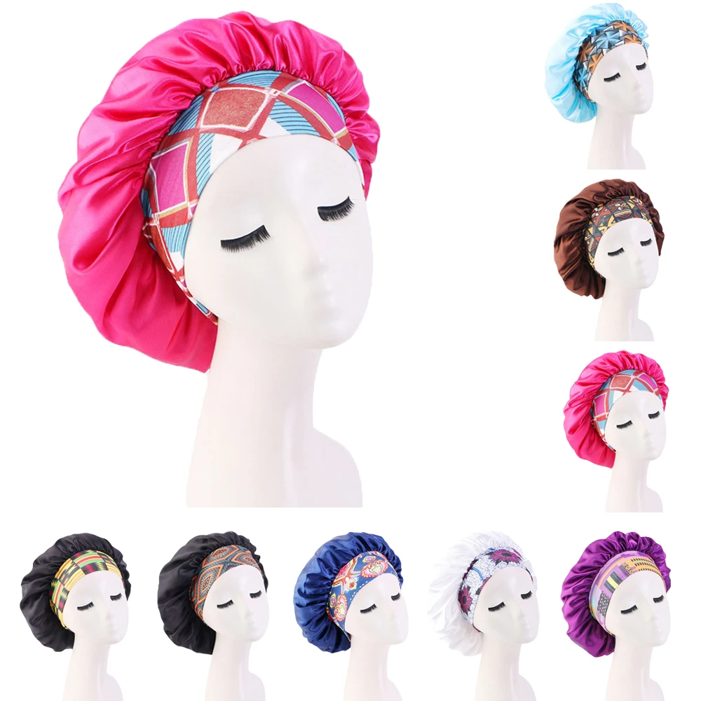

Атласная женская шапка для сна в африканском стиле из Анкары, широкая эластичная шапка для ухода за волосами, тюрбан, шелковая шапка, головн...