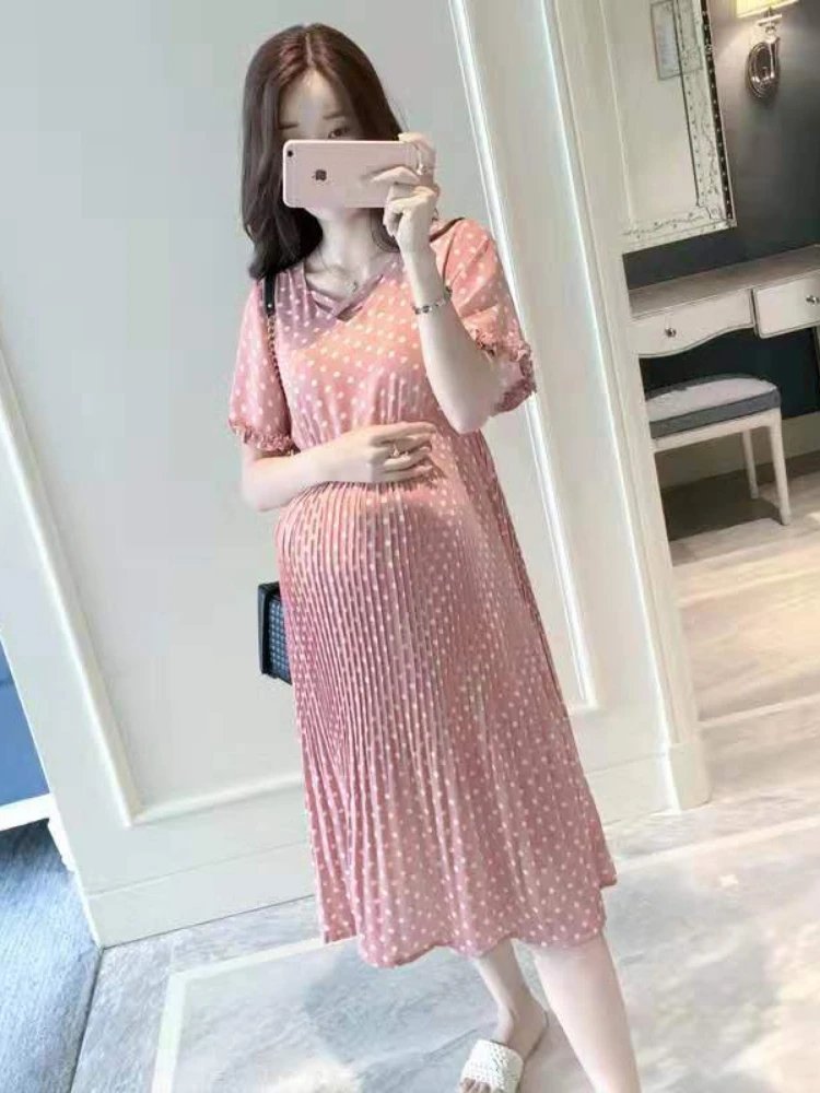 Short Sleeves Maternity Summer Polka Dot Dress With Tall Waist V-neck Pregnant Woman Chiffon Dress Single-Breasted Dress enlarge