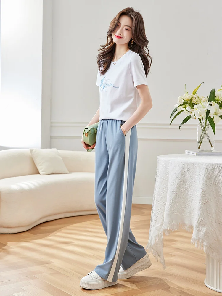 

Vimly Casual Sports Summer Suit for Women 2023 Tracksuit Womens Clothing Two Piece Set White T Shirts and Wide Leg Sweat Pants