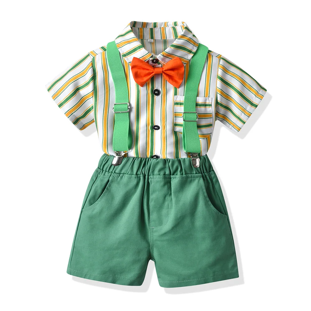 

Boys Gentleman Performance Outfits 1 2 3 4 5 6 Years Kids Striped Lapel T-shirt With Green Suspender Set Boys Summer Host Suits