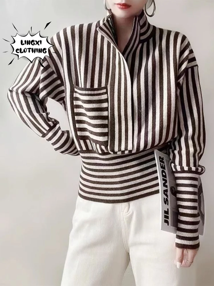 

2023 Autumn/Winter New Stripe Knit Half Cardigan Loose High Neck Retro Casual Korean Fashion Street Style Women's Sweater
