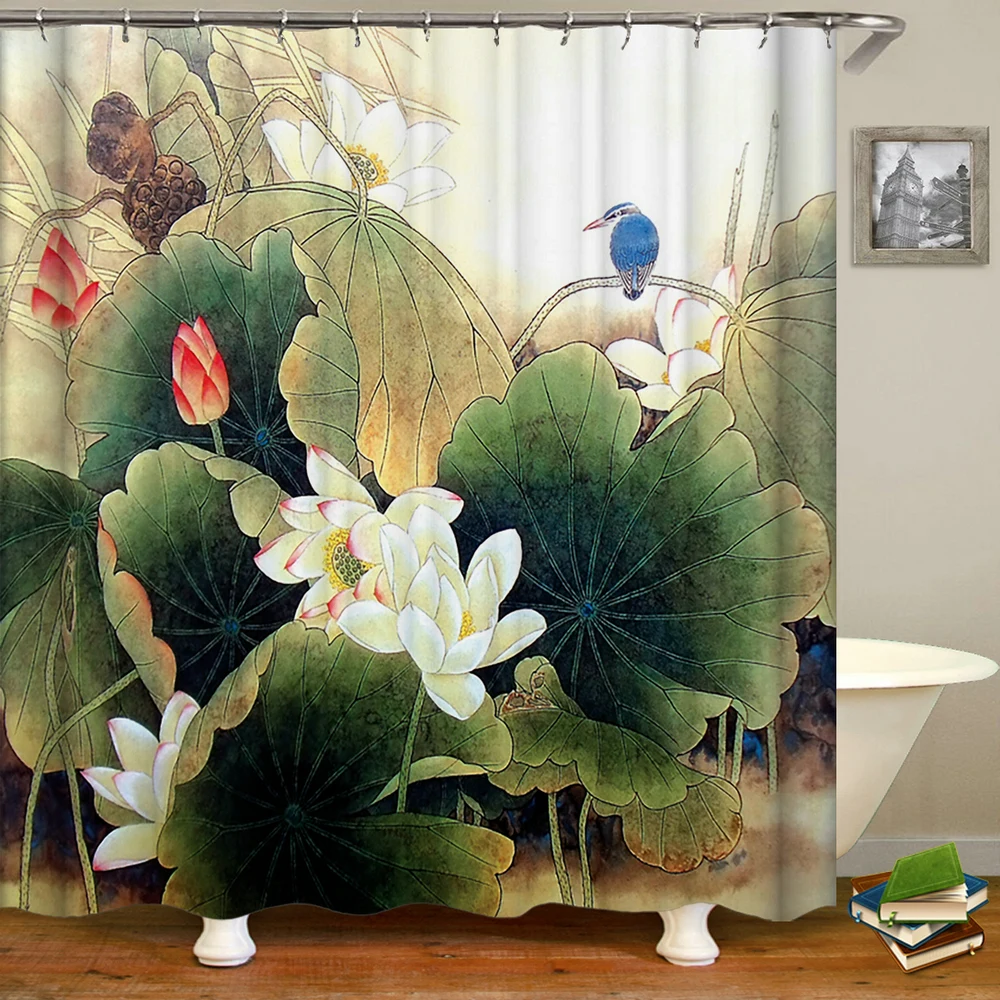 

Chinese Style Flowers Bird Scenery Waterproof Shower Curtain Bath Curtains 3d Printing Bathroom with Hooks Washable Cloth Screen