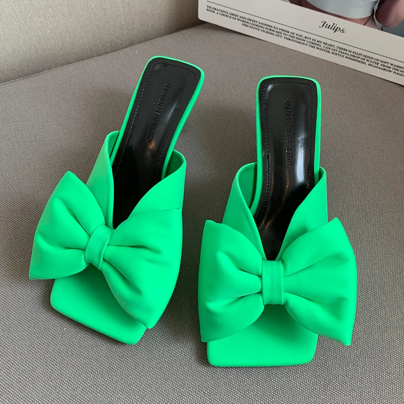 

Woman Pumps High Heels Ladies Slippers Summer Shoes For Women Sandals 2022 Square Toe Butterfly-Knot Slip-On Female Shoes Slides