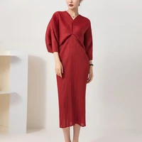 miyake pleated dress for women 2022 summer new batwing sleeve v neck loose plus size temperament commuter one step long skirt