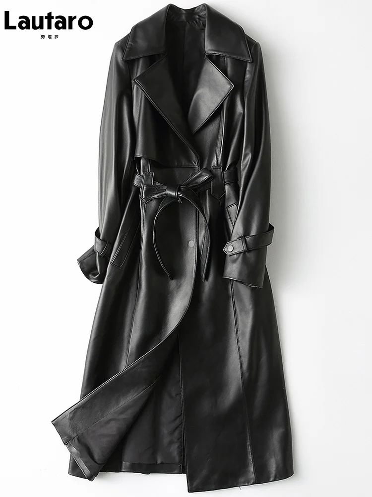 

Lautaro Autumn Long Black Pu Leather Trench Coat for Women Long Sleeve Belt British Style Fashion 4xl 5xl 6xl 7xl