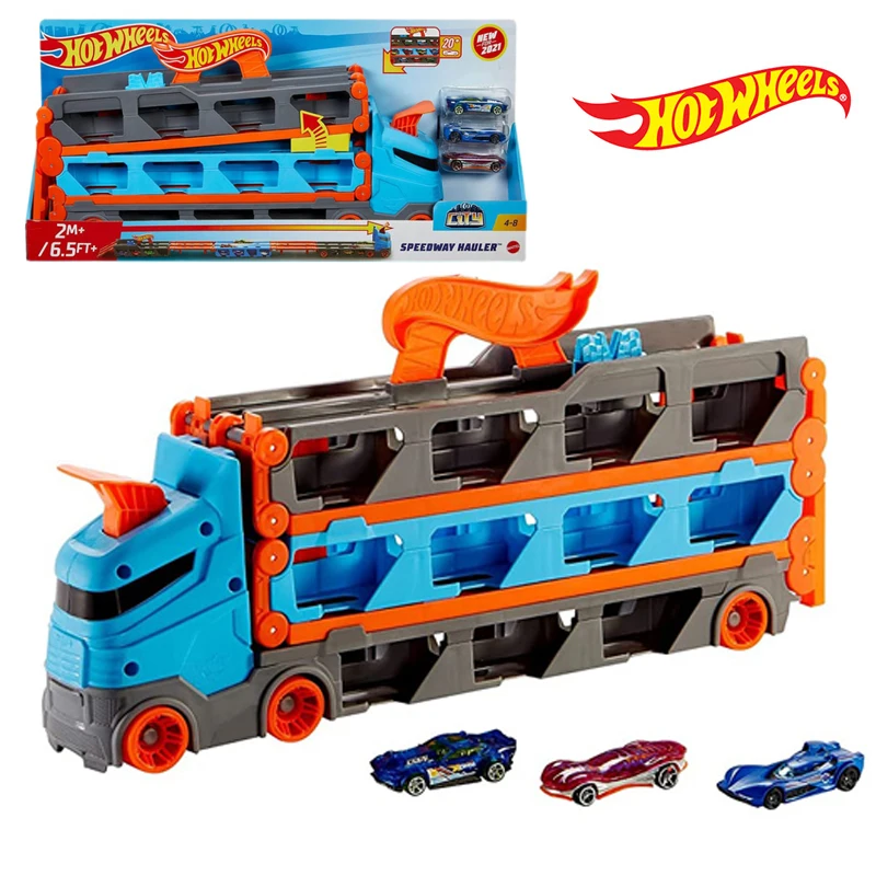 Hot Wheels GVG37 Speedway Hauler Massive Semi-Truck Transforms Into A 6-Foot Long Racetrack With A Dual Launcher Toy Boy Gift