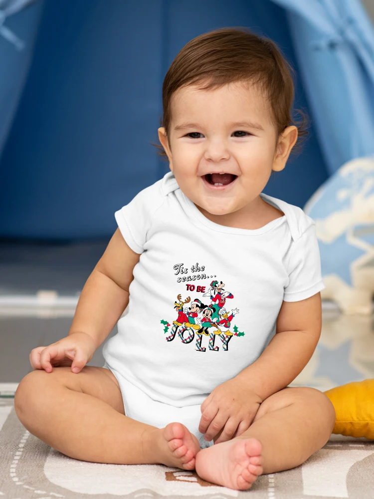 

Summer High Quality Boys Girls Bodysuit Christmas Short Sleeve White Disney Mickey Mouse Pattern Top Outdoor Kids Jumpsuit