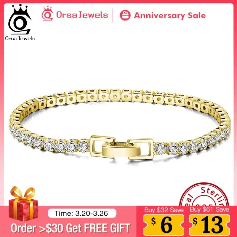 

ORSA JEWELS 14K Gold Plated Tennis Bracelet 3MM Zirconia Authentic 925 Silver Hand Chain Jewelry for Men Women Boy Gift SB92-14K