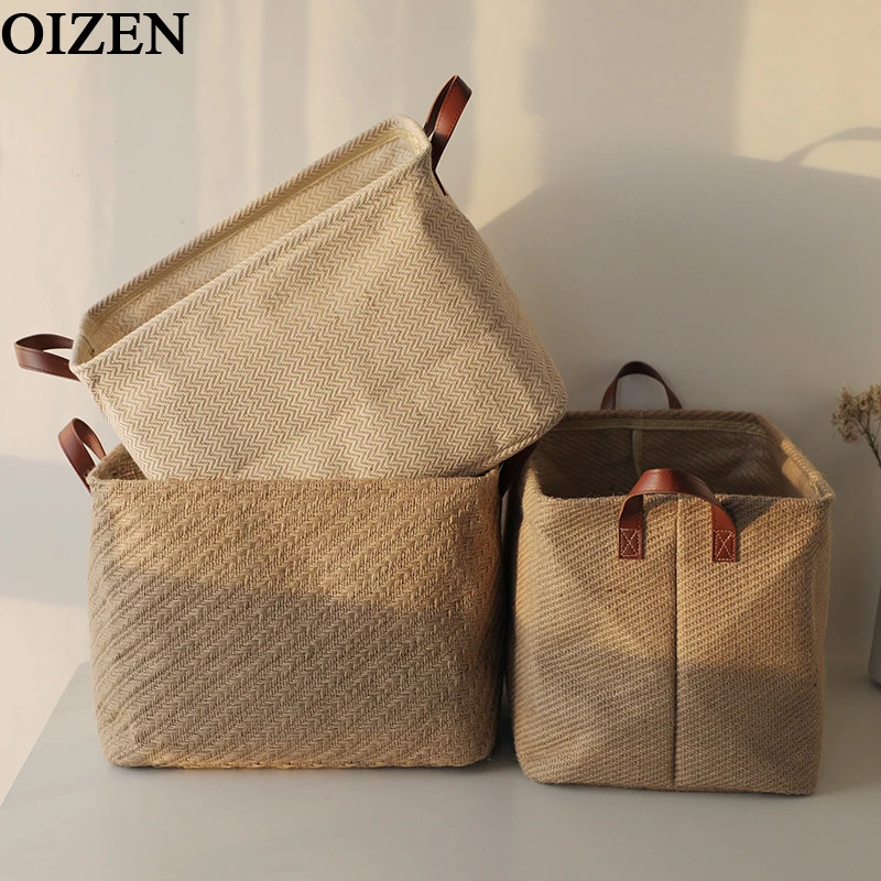 

OIZEN Wardrobe Storage Basket Jute Cloth Storage Box Collapsible Sundries Book Organizer Bucket Home Storage Accessories