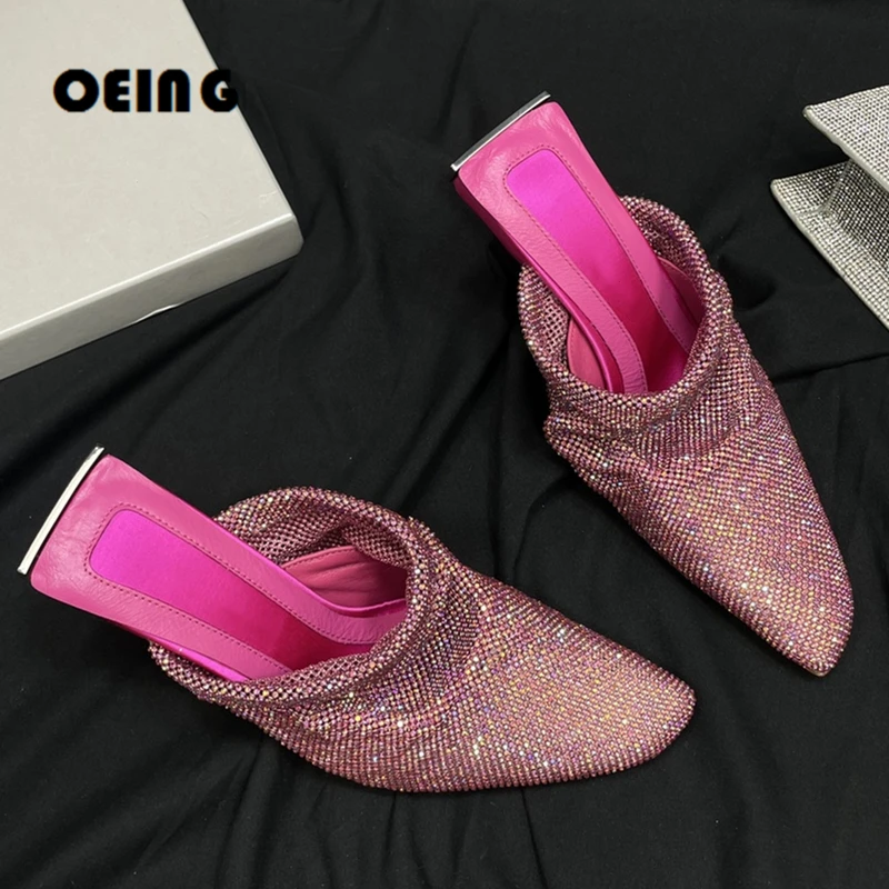

Women 100mm Silk & Rhinestone Mules Square-toe Stiletto Heels Slippers Female Slip-on crystal Slides Bling Wedding Party Shoes