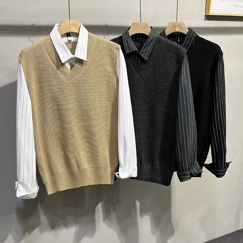 Мужской легкий трикотаж в зрелом стиле свитер с воротником-рубашкой стильная