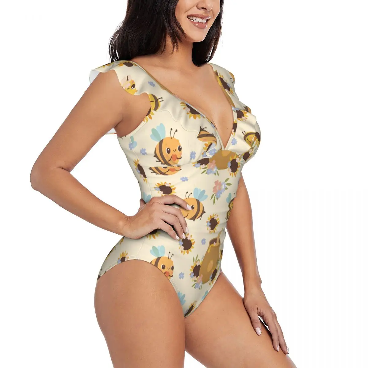

Женский слитный купальник с узором в виде пчелы, привлекательный купальник с оборками, летняя пляжная одежда, купальный костюм для похудения