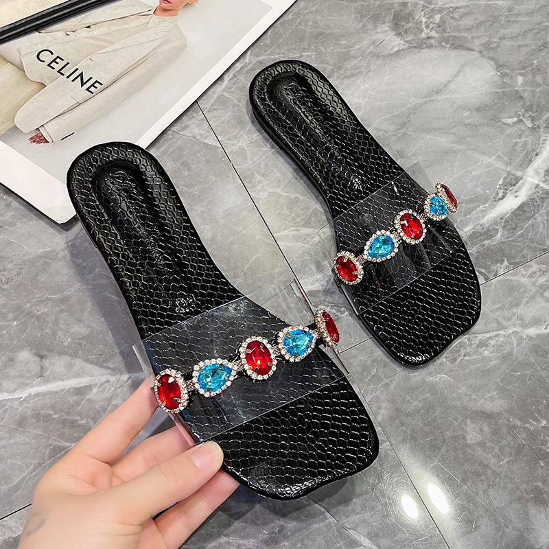 

Женские сандалии с кристаллами, Прозрачные Пляжные Шлепанцы из ПВХ на плоской подошве, лето 2022