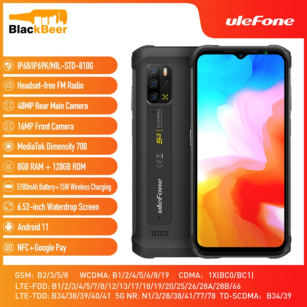 Ulefone Armor 12 5G Rugged Waterproof CellPhone Android 11 8G 128GB Mobile Phone 6.52 Inch Smartphone 5180mAh Global Version NFC