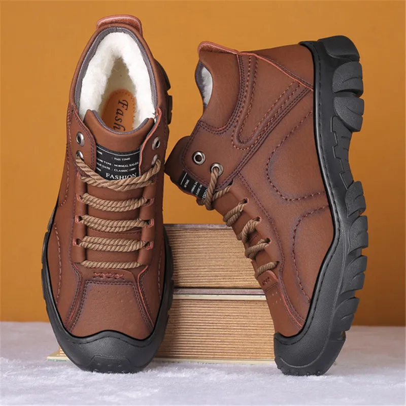 

2022 New Winter Men Leather Pure Wool Platform Boots England Fashion Lace-up High Top Keep Warm Sneaker Shoes Plus size 38-44
