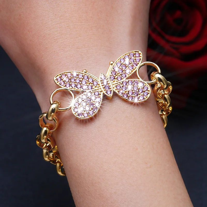 

Fashion Gold Butterfly Ladies Bracelet Beautiful Luxury Dinner Jewelry Accessories Zirconia Shiny Crystal Party Free Shipping
