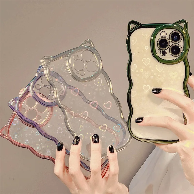 

Korean Plating 3D Cartoon Cat Ears Wavy Case For IPhone 11 12 13 Pro XS Max XR X 7 8 Plus Cute Laser Love Heart Clear Soft Cover
