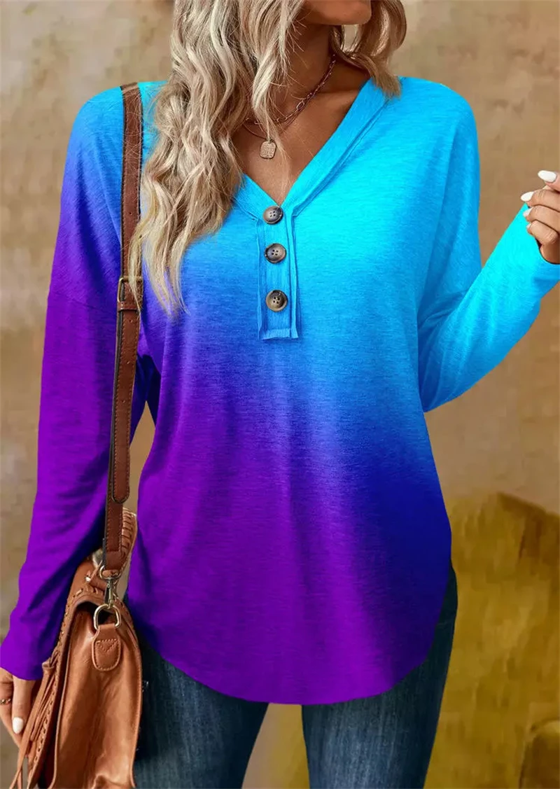 

Gradient Button Long Sleeve V-Neck Blouse Fashion Women Blouses 2023 Autumn Blusas Mujer Stylish Shirt Elegant Tunics Lightweigh