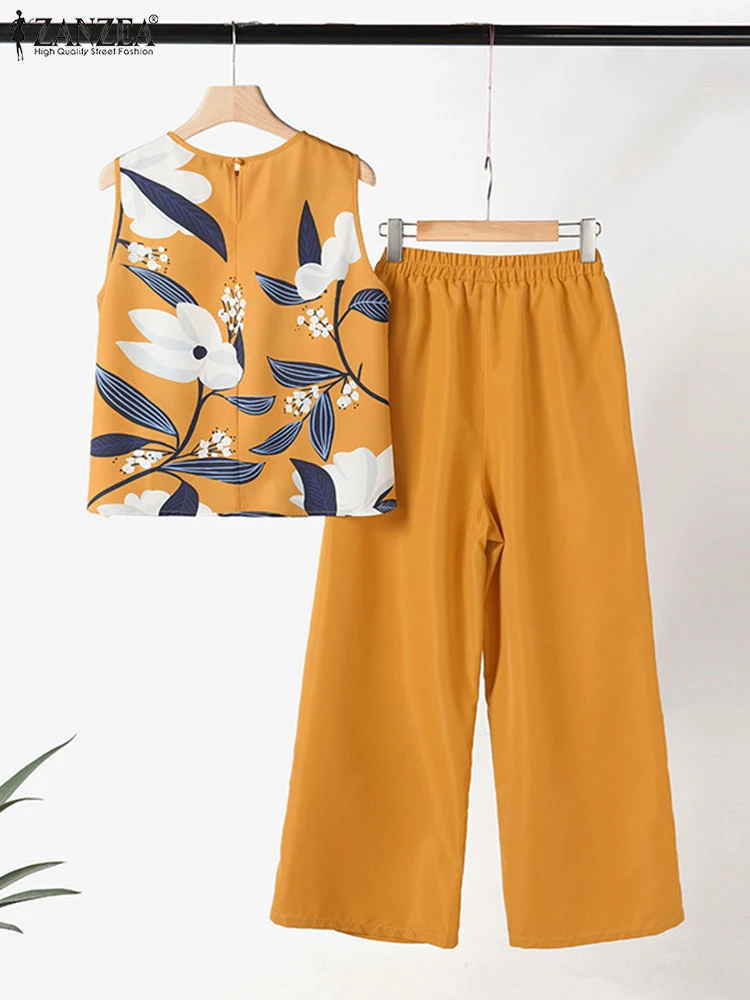 Костюм спортивный ZANZEA женский летний из топа без рукавов с круглым вырезом и брюк