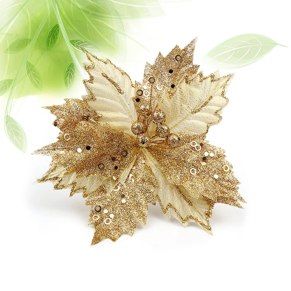 

Christmas Flowers Artificial Poinsettia Tree Flower Glitter Fake Gliter Stem Large Poinsettias