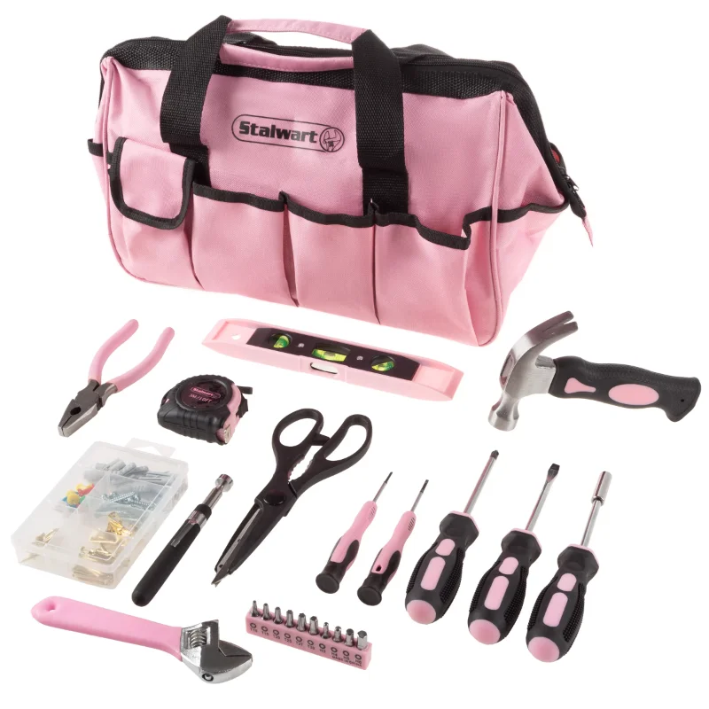 Tool Kit - 123 Pink Heat-Treated Pieces with Carrying Bag - Essential Steel Hand Tool and Repair Set enlarge