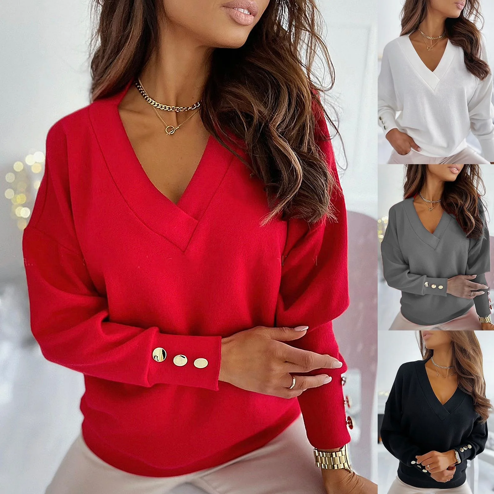 

Fashion Women Elegant Blouses Deep V Neck Long Sleeve Buttons Sid Cor Blouse Basic T-shirt Pullover Female Clothing