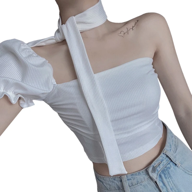 

Women Clothing Polyester T-Shirts Short Puff Sleeve One Shoulder Tie-Up Neck Ruffle Ladies Summer Slim Navel Crop Tops