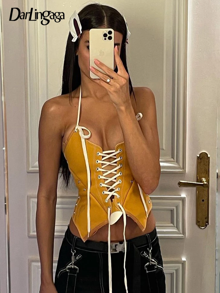 

Darlingaga Streetwear Lace Up Halter Sexy Denim Top Short Backless Fashion Bandage Summer Crop Top Party Outfits Women Patchwork