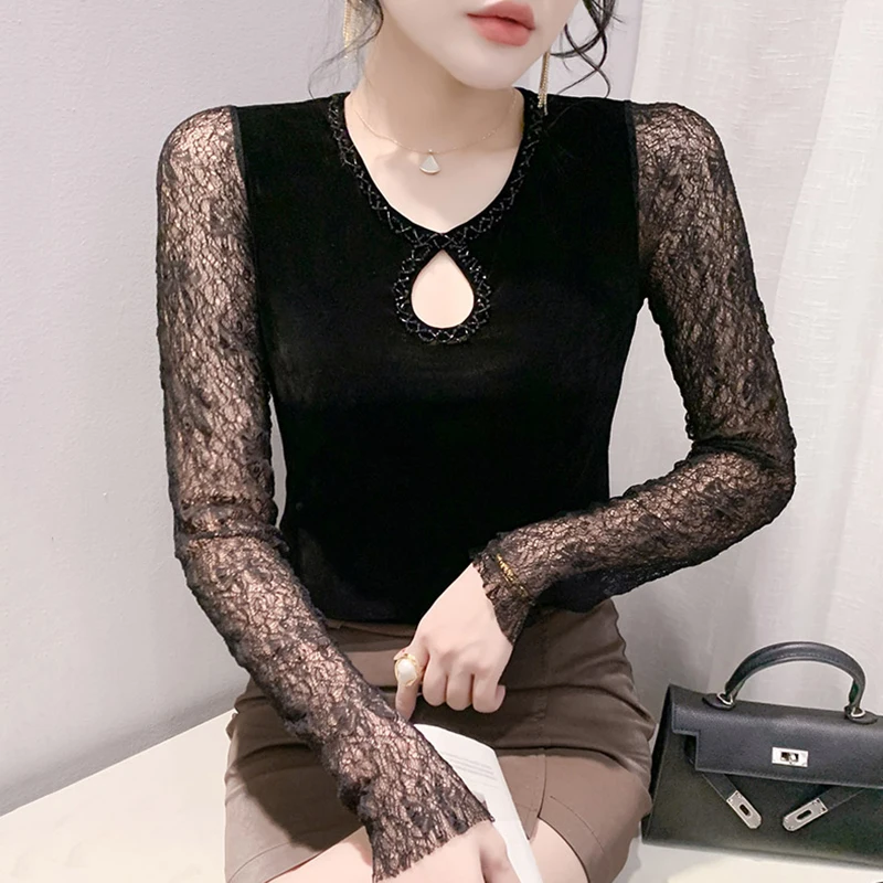 Женская бархатная рубашка с длинным рукавом и круглым вырезом осень 2024