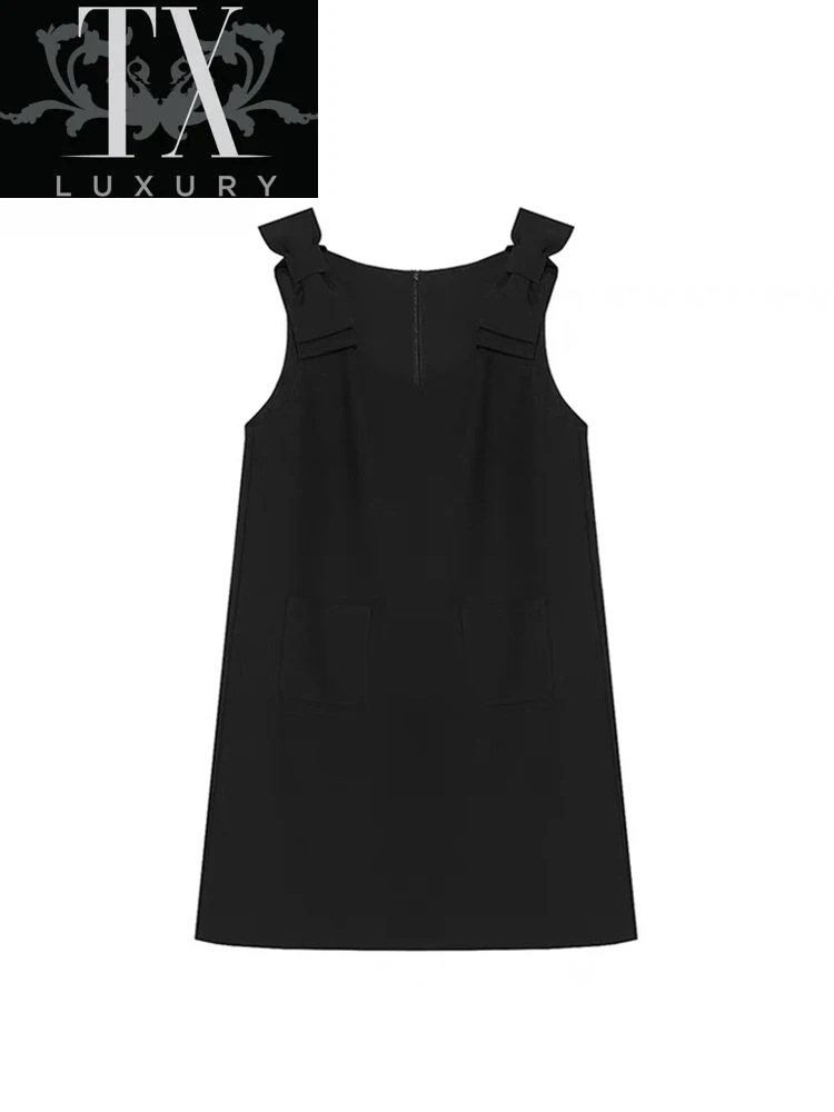 

Sexy Women's Dress French Sweet Bow Black Sleeveless Club Bodycon Solid Mini A-line Vestidos Female Chic U-neck Summer Clothes