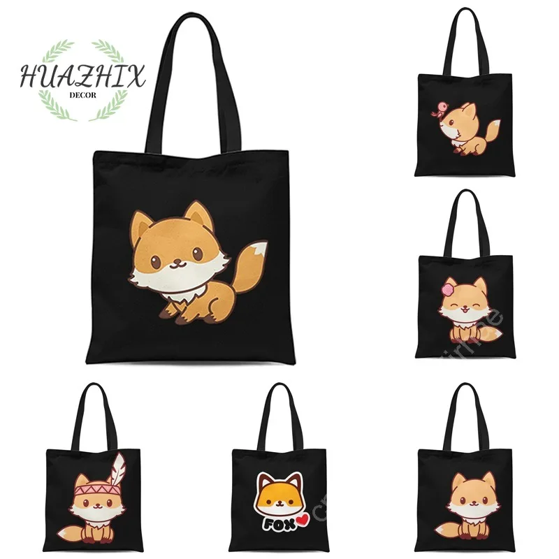 

Kawaii Fox Handbag Cute Animal Shoulder Canvas Tote Bags for Women School Aesthetic Reusable Shopping Bag Handbags Totebag Totes