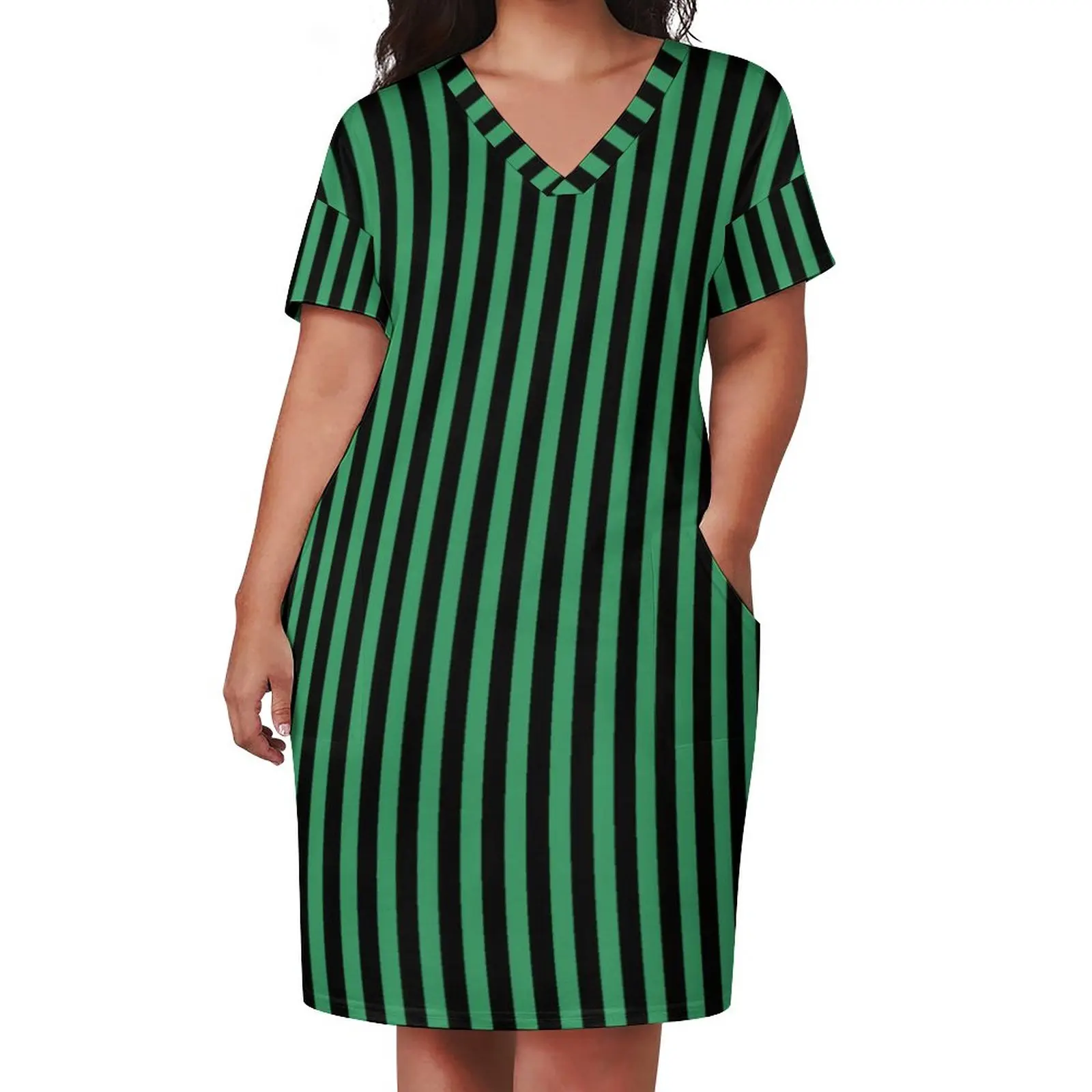 

Candy Stripes Dress V Neck Green and Black Line Street Style Dresses Summer Kawaii Casual Dress Ladies Printed Big Size Clothes